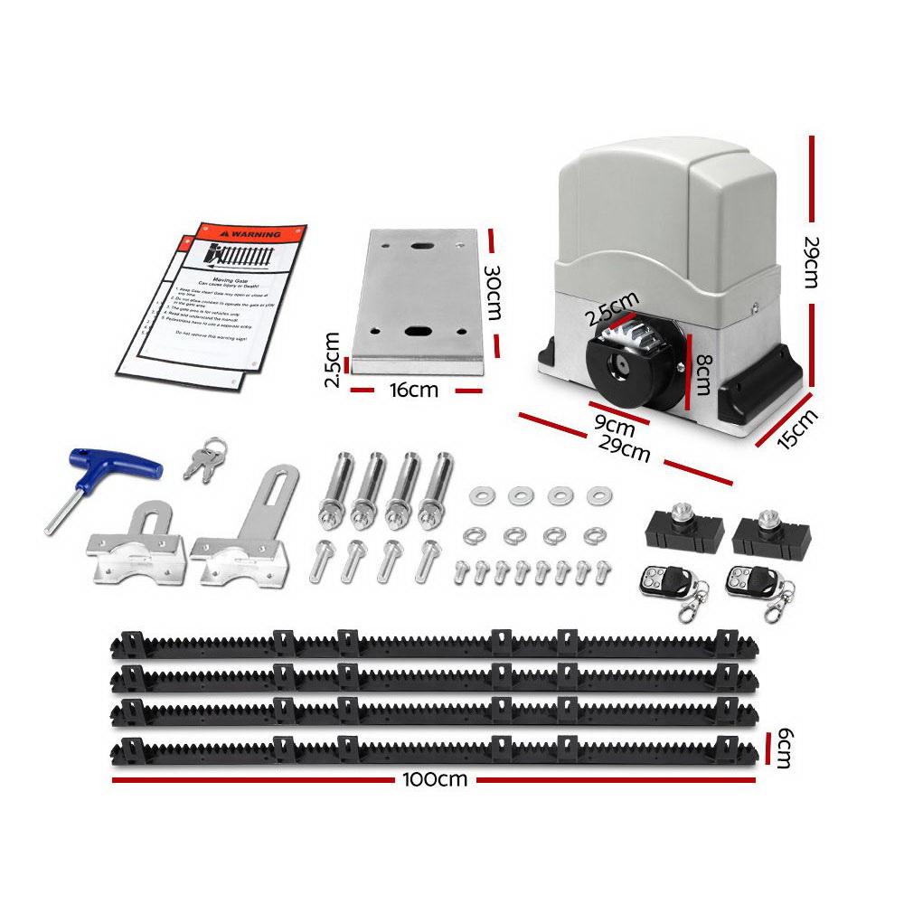 LockMaster Electric Sliding Gate Opener with hardware kit, designed for gates up to 1200KG, featuring remote control and emergency manual release.